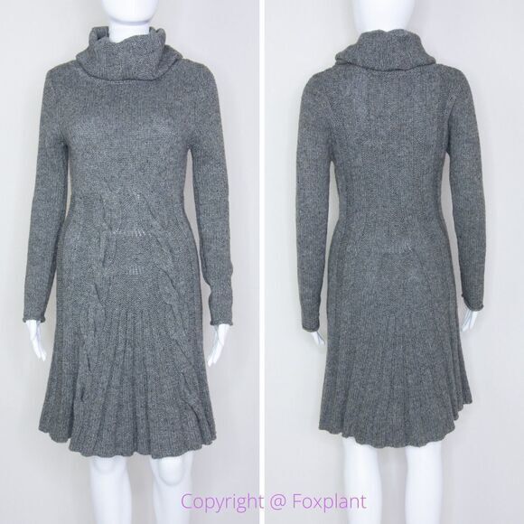 Max Studio wool blend cowl neck cable knit grey pleated sweater dress, size S - Picture 1 of 16